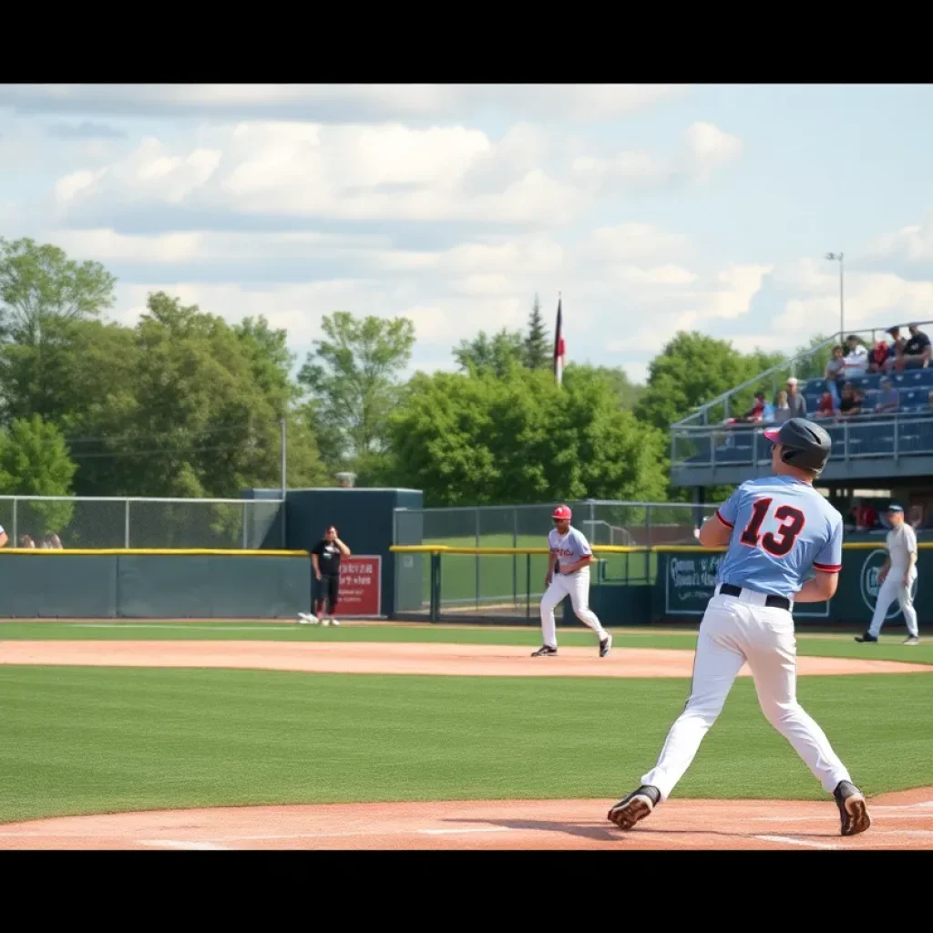 Students playing baseball on a sunny day at a high school field.