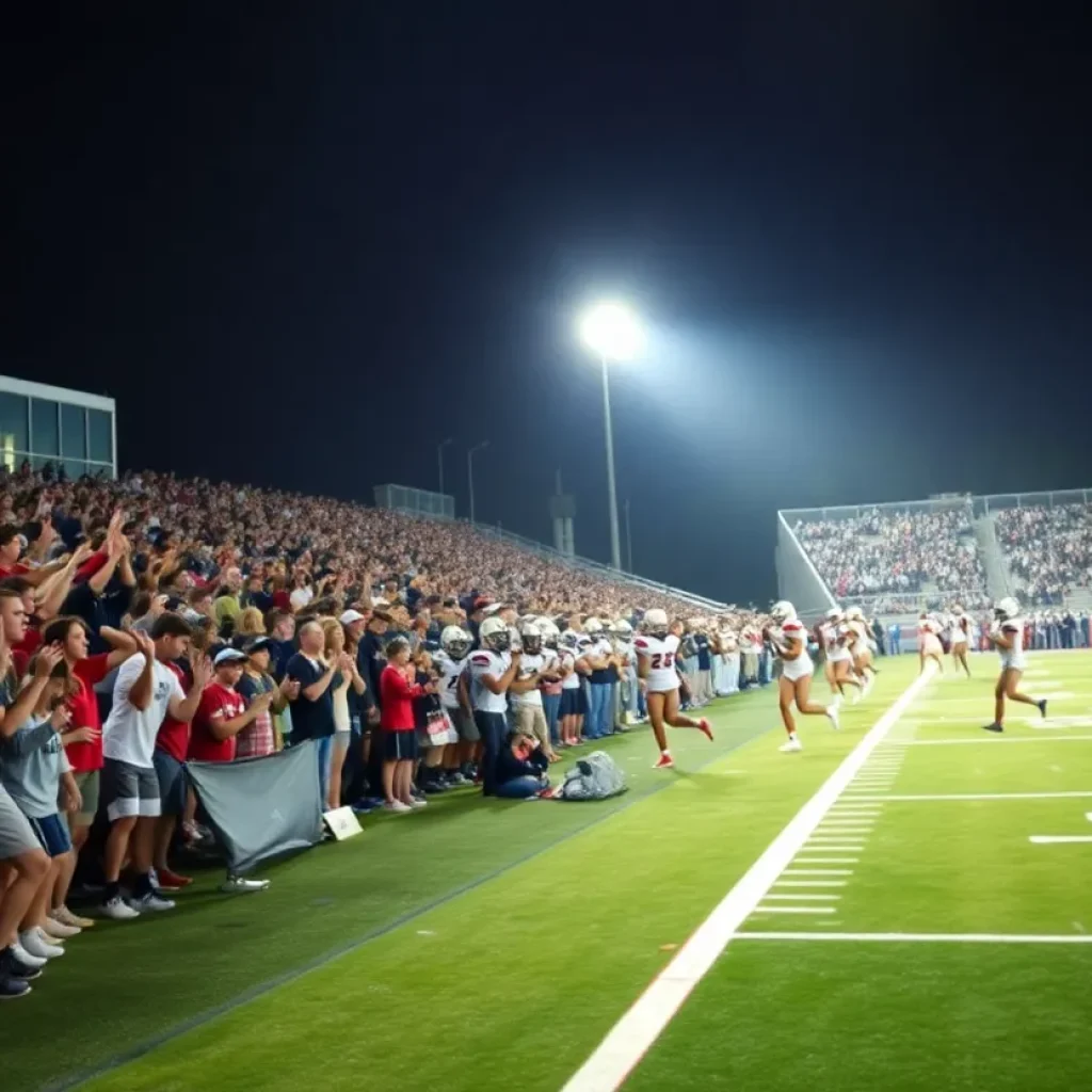 Nighttime high school football game with fans cheering