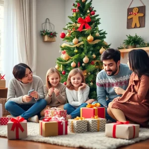 A family celebrating Christmas with a festive tree and decorations.