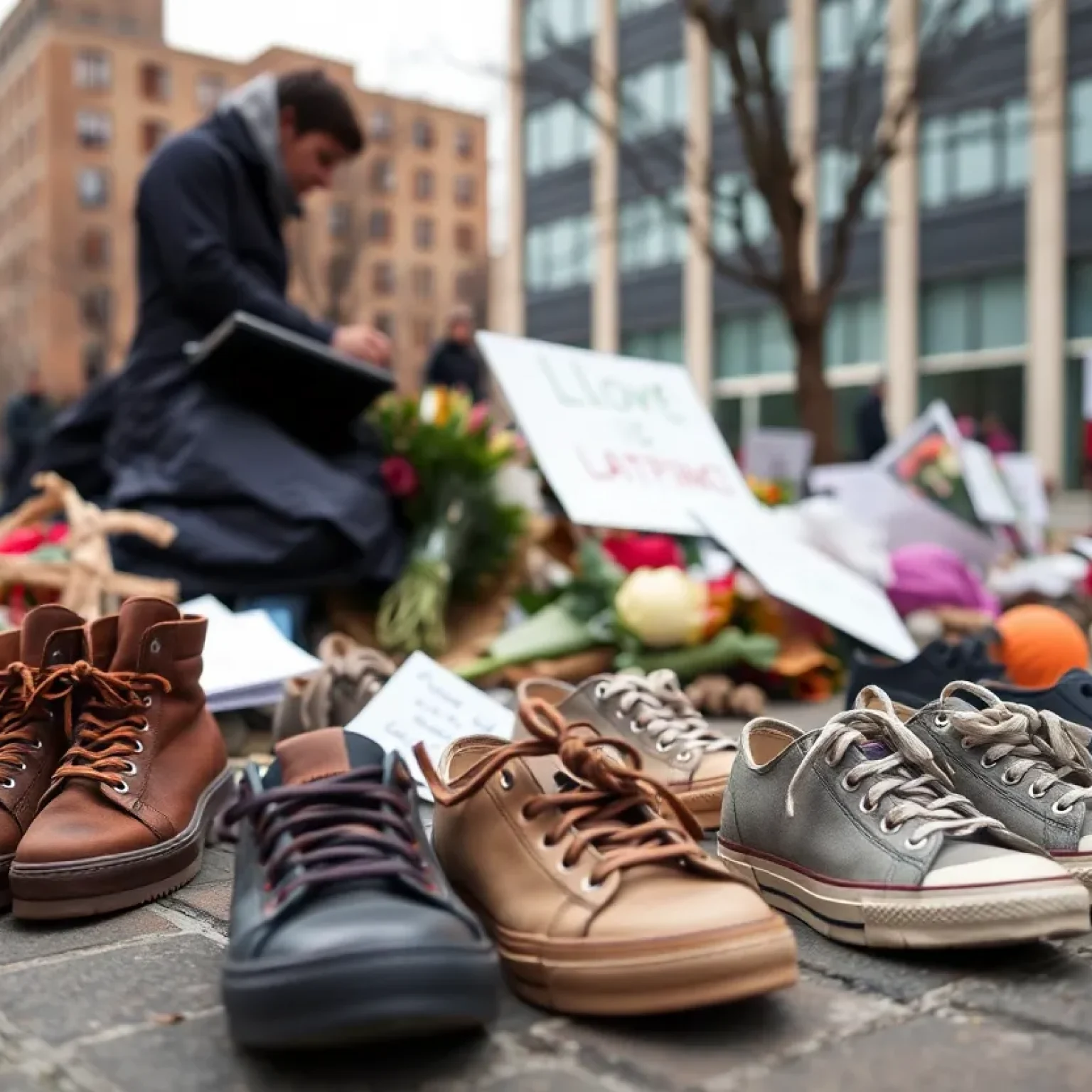 Memorial display featuring pairs of shoes to honor homeless individuals in San Antonio