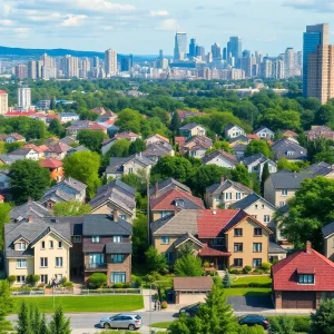 Diverse housing structures and a urban skyline representing opportunity in housing markets.