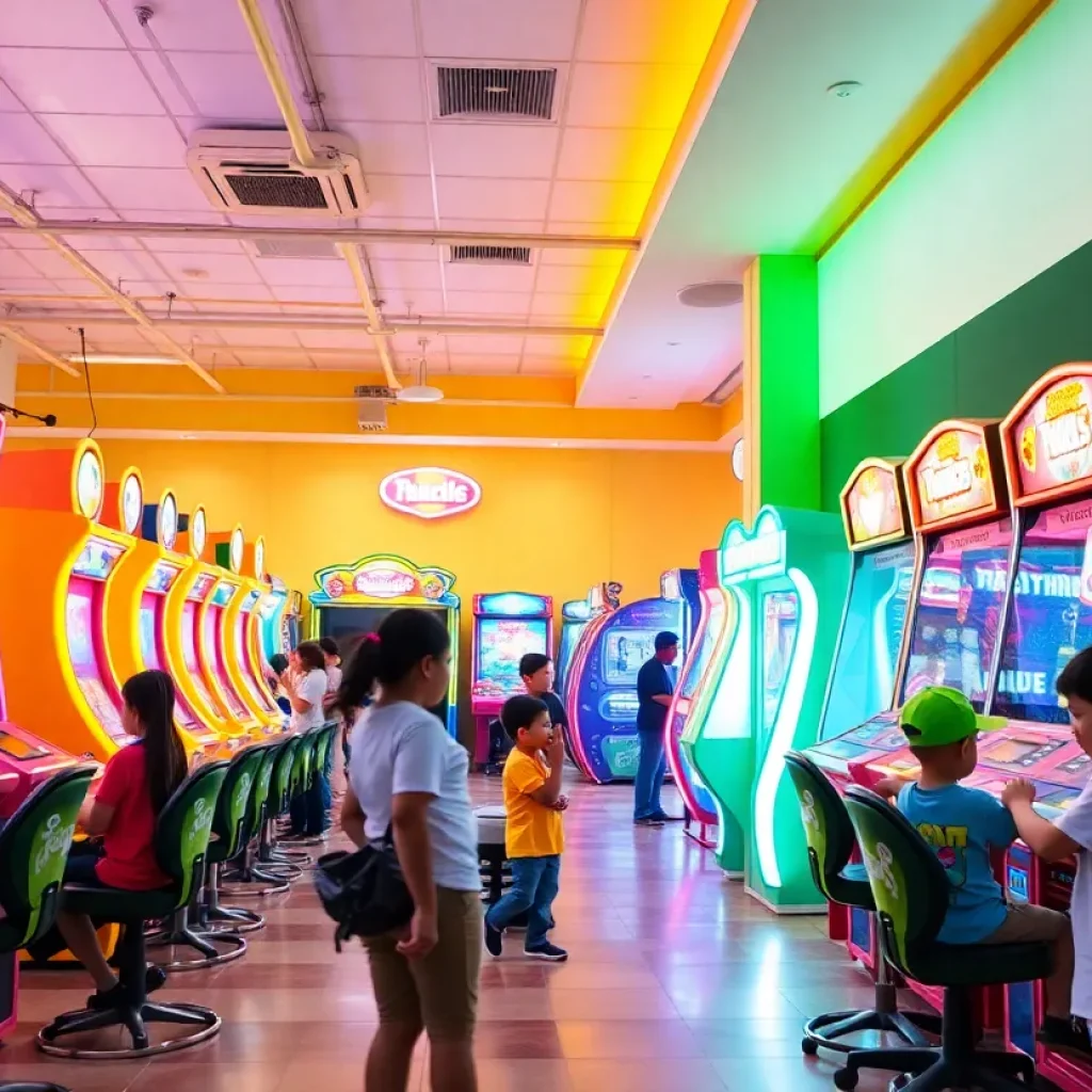 Inside view of Klaw Time arcade with families playing games