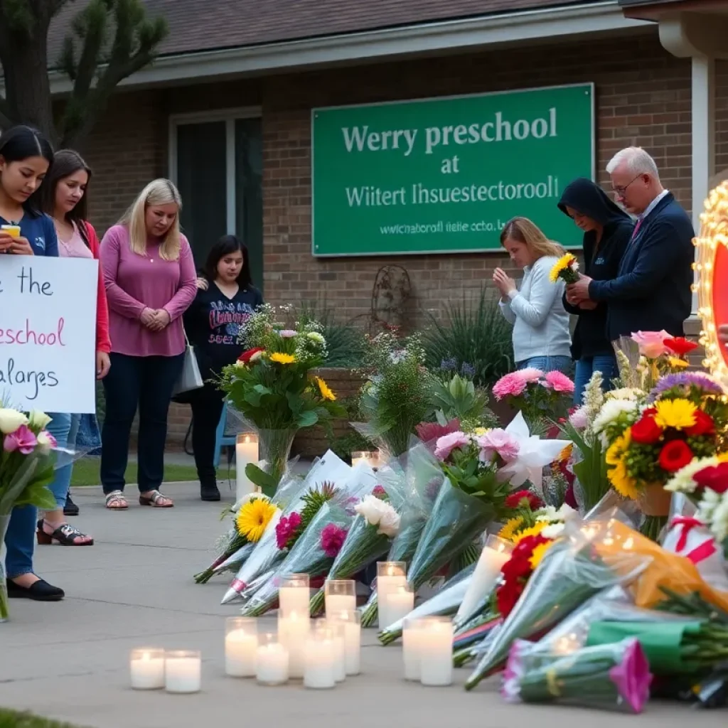 Memorial scene honoring a beloved teacher at a preschool with flowers and candles.