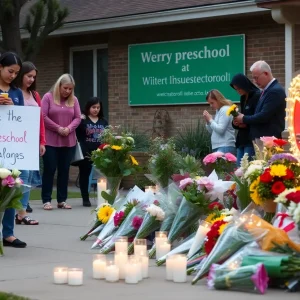 Memorial scene honoring a beloved teacher at a preschool with flowers and candles.