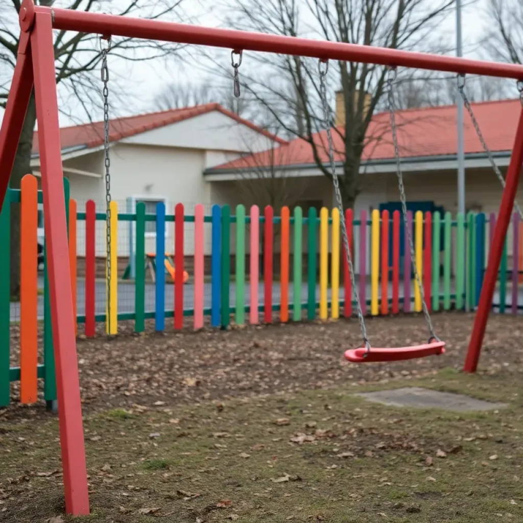 Empty playground of Montessori school with a colorful fence