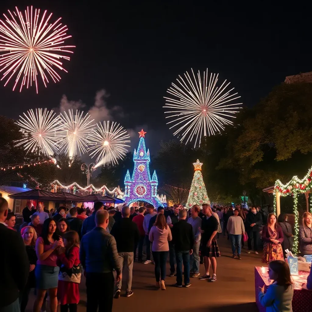 Families celebrating New Year's Eve in San Antonio with fireworks in the background.