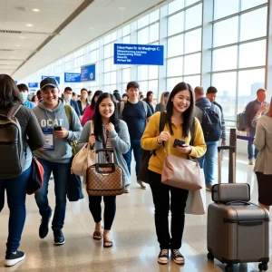 Travelers at an airport terminal for nonstop flights.