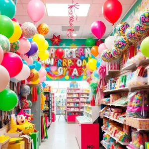 Interior of a colorful Party City store in San Antonio displaying party supplies.