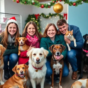 Families joyfully adopting pets from a shelter in San Antonio during the holiday season