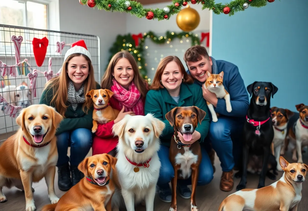 Families joyfully adopting pets from a shelter in San Antonio during the holiday season