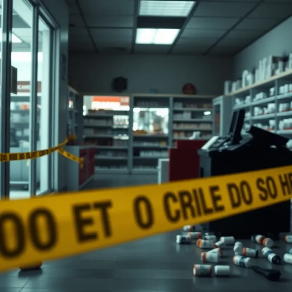 Crime scene with police tape at a pharmacy