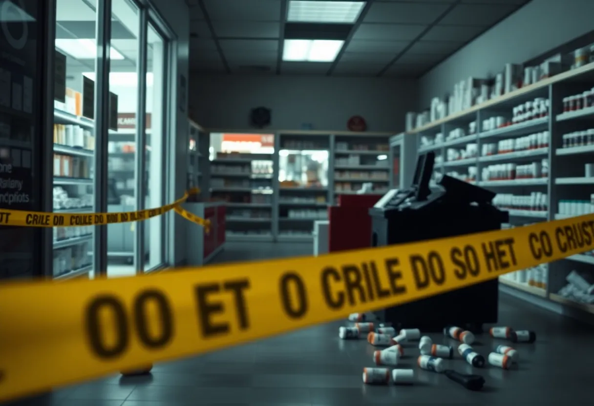 Crime scene with police tape at a pharmacy