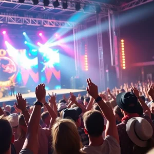 Concert scene featuring Post Malone and Jelly Roll on stage with fans in the background.