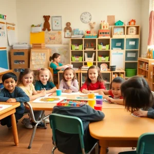 A vibrant preschool classroom filled with joy and creativity.