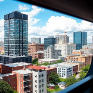 City skyline of San Antonio with signs of housing development