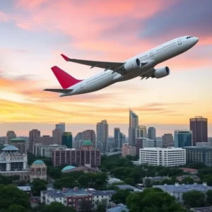 Airplane flying over San Antonio skyline representing flight cancellations.