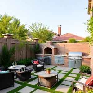 A view of a family's backyard retreat with outdoor kitchen and cozy seating