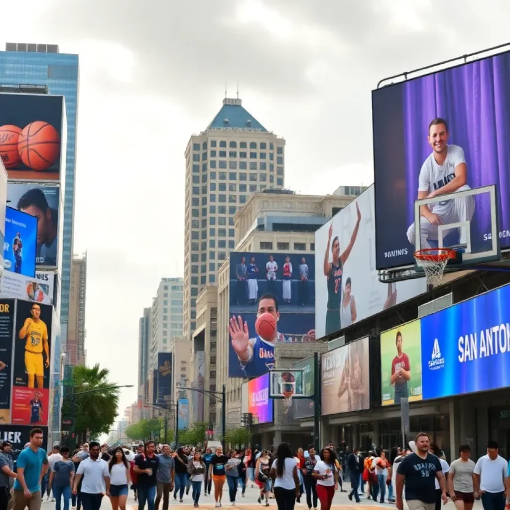 Cityscape of San Antonio with billboards and a basketball game