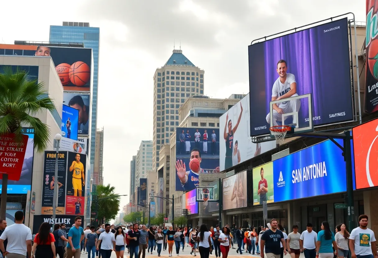 Cityscape of San Antonio with billboards and a basketball game