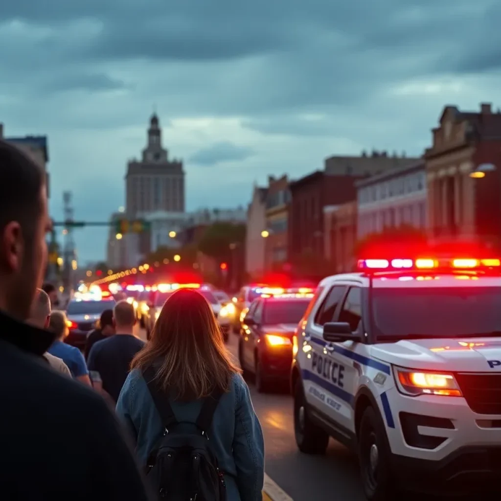 Police cars in San Antonio cityscape with concerned citizens