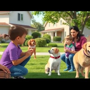 A neighborhood scene highlighting child and pet safety