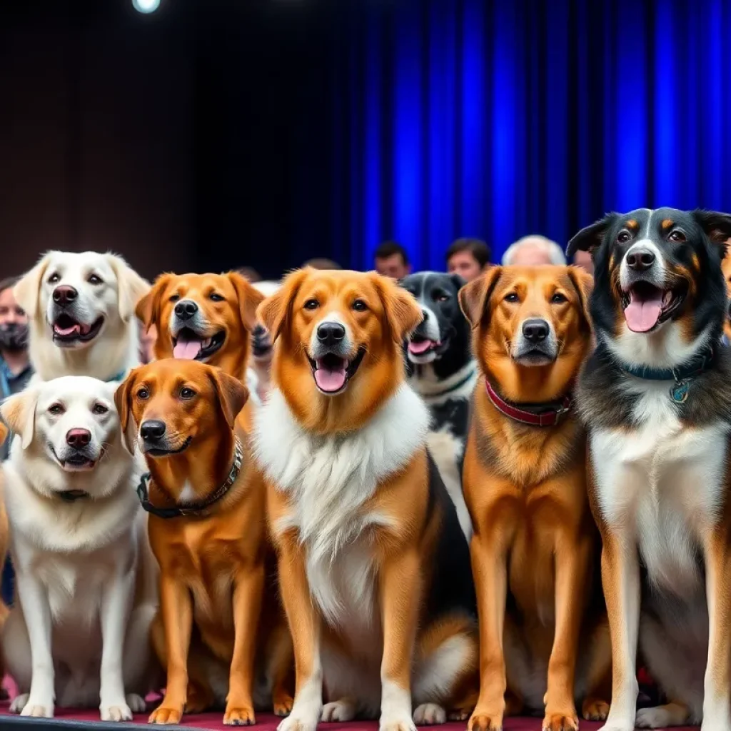 A diverse group of dogs at the AKC Awards ceremony in San Antonio.