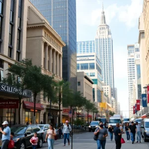 Downtown San Antonio with federal buildings and busy streets