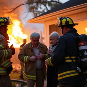 Firefighters rescuing elderly residents from fire