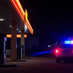 Gas station at night with police presence