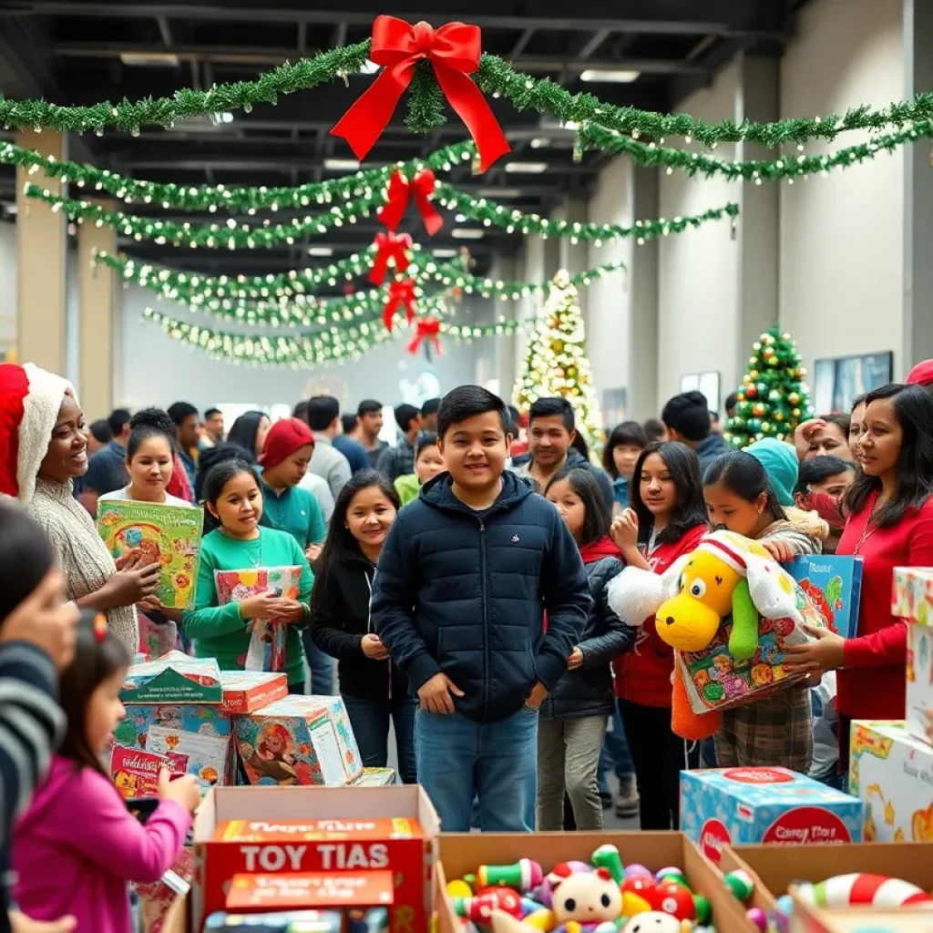 Families enjoying the San Antonio toy giveaway event for the holidays.