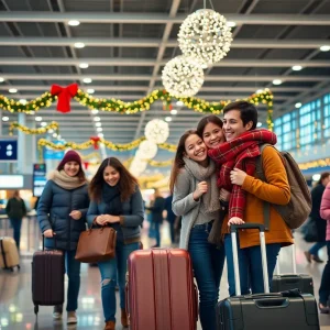 Families and travelers at San Antonio International Airport during the holiday season.