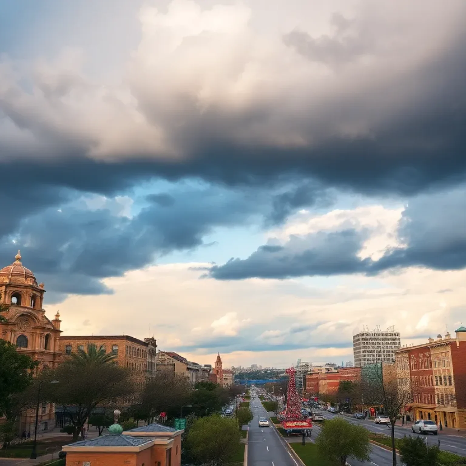 Scenic view of San Antonio with holiday decorations and stormy sky