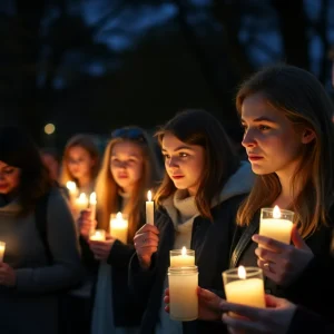 People holding candles during the San Antonio homeless memorial service.