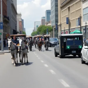 A street in San Antonio showing horse-drawn carriages being replaced by electric vehicles.