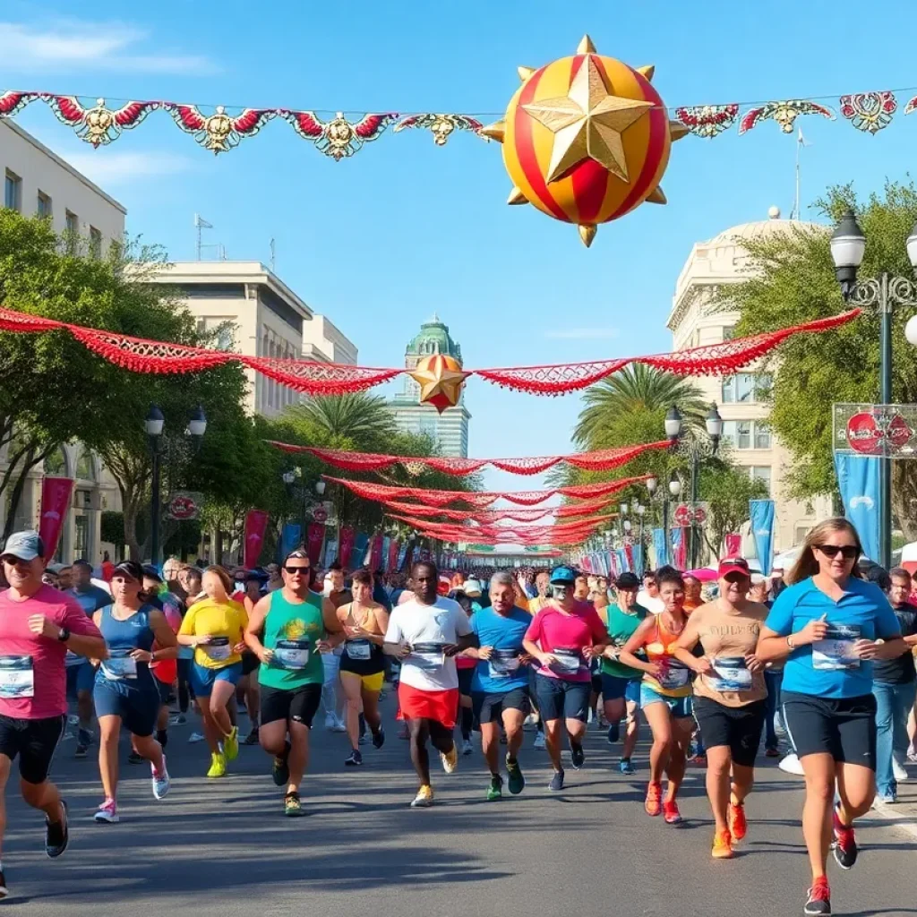 Participants running in the San Antonio Marathon with the city skyline in the background