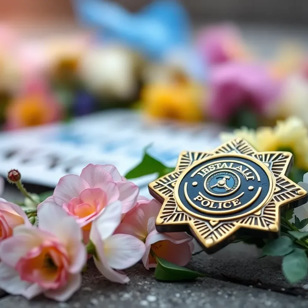 Police badge with flowers at a memorial site.