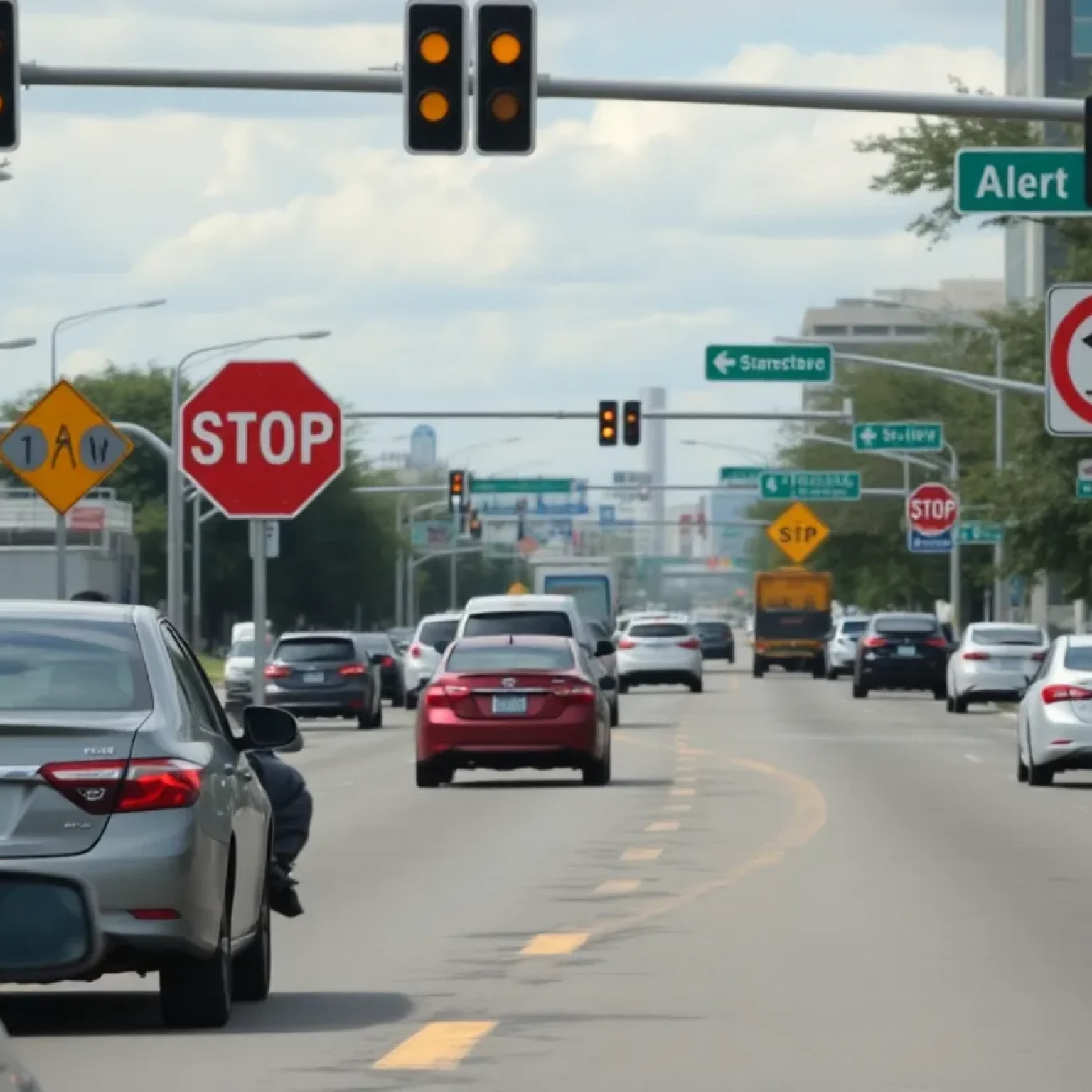 Illustration of a busy San Antonio road with safety signs