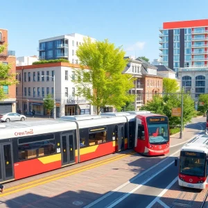 Vibrant urban area showcasing transit-oriented development with buses and pedestrians.