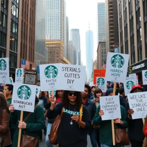 Starbucks employees protesting during a strike in San Antonio