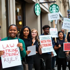 Baristas on strike outside Starbucks in San Antonio