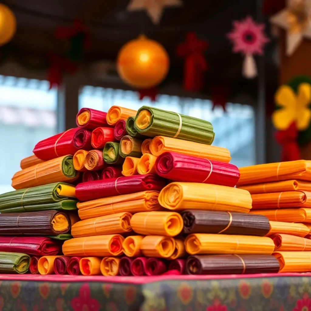 A stack of colorful tamales on a table, with holiday decorations in the background.