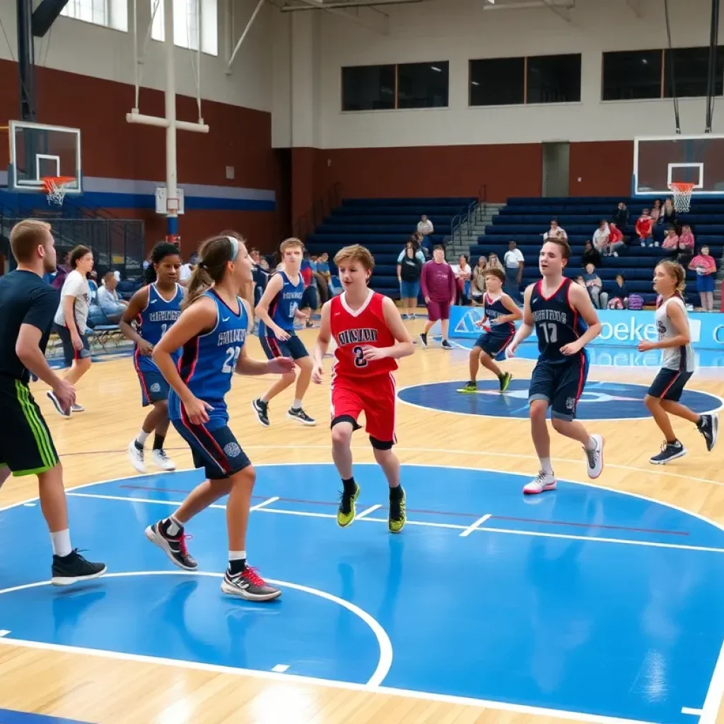 High school basketball players competing on the court