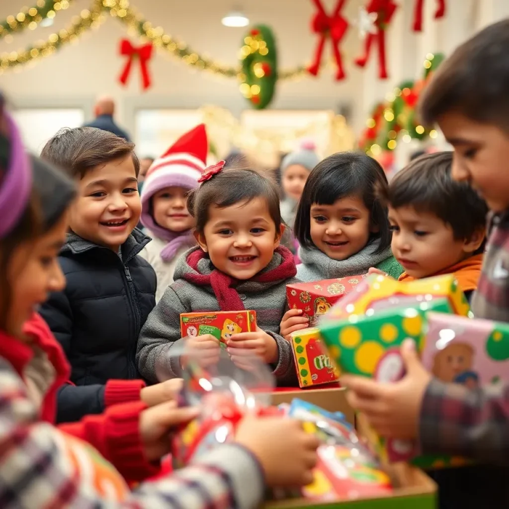 Children receiving toys during Toys for Tots holiday event in San Antonio