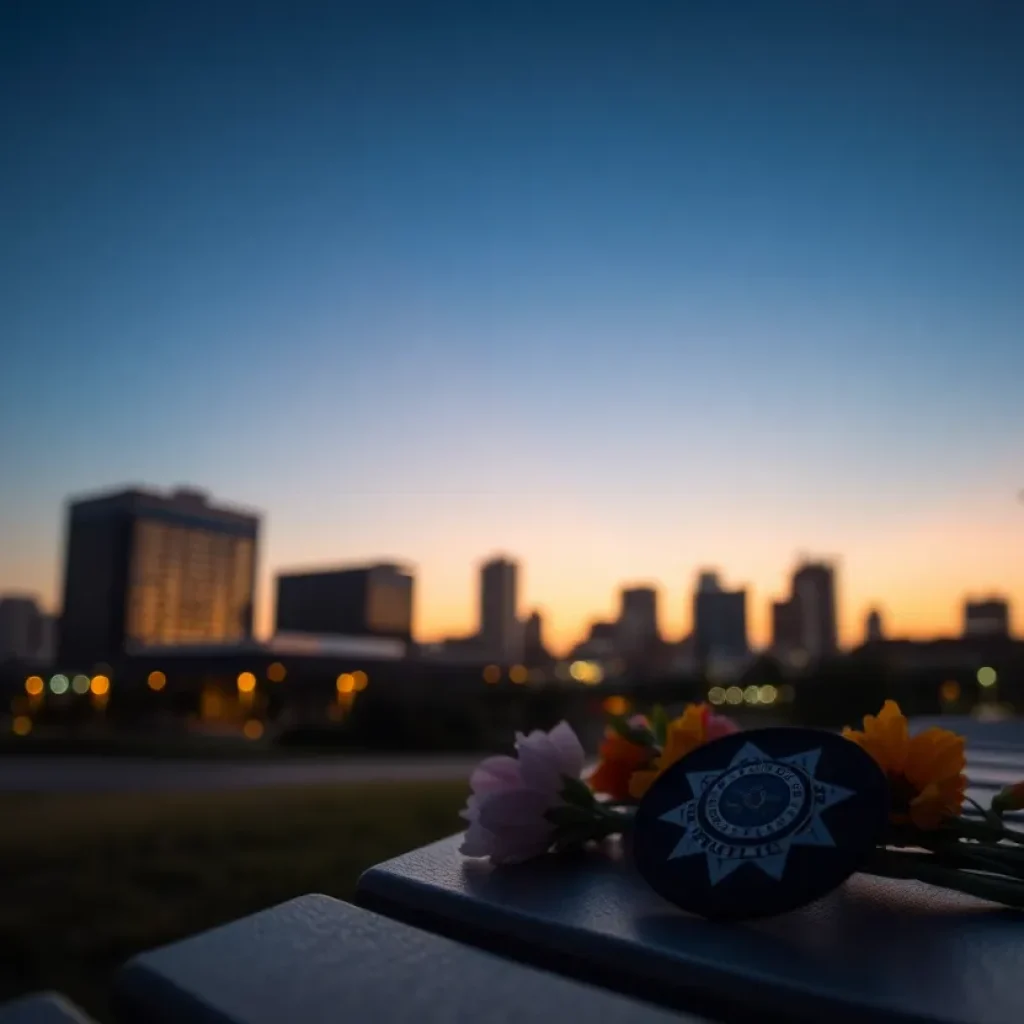 Police badge and flowers at dusk in San Antonio