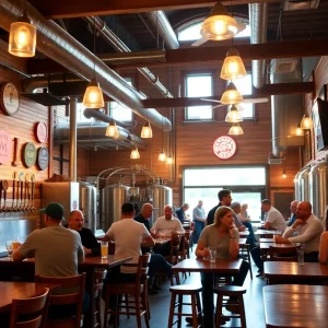 Interior view of Vista Brewing tap room with patrons enjoying their drinks