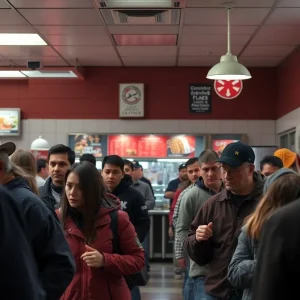 Interior of a Whataburger restaurant with patrons looking concerned.