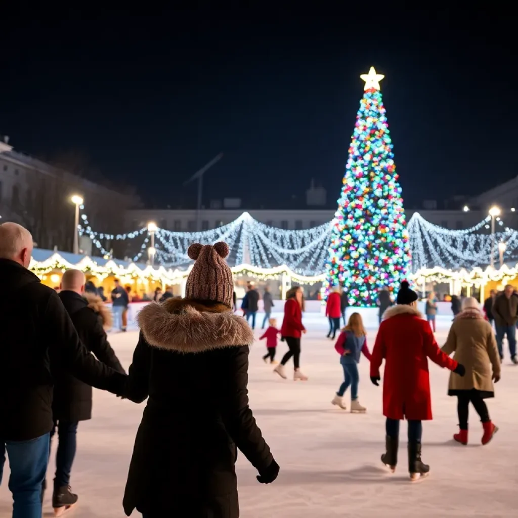 Families enjoying the Winterfest festivities at the ice skating rink