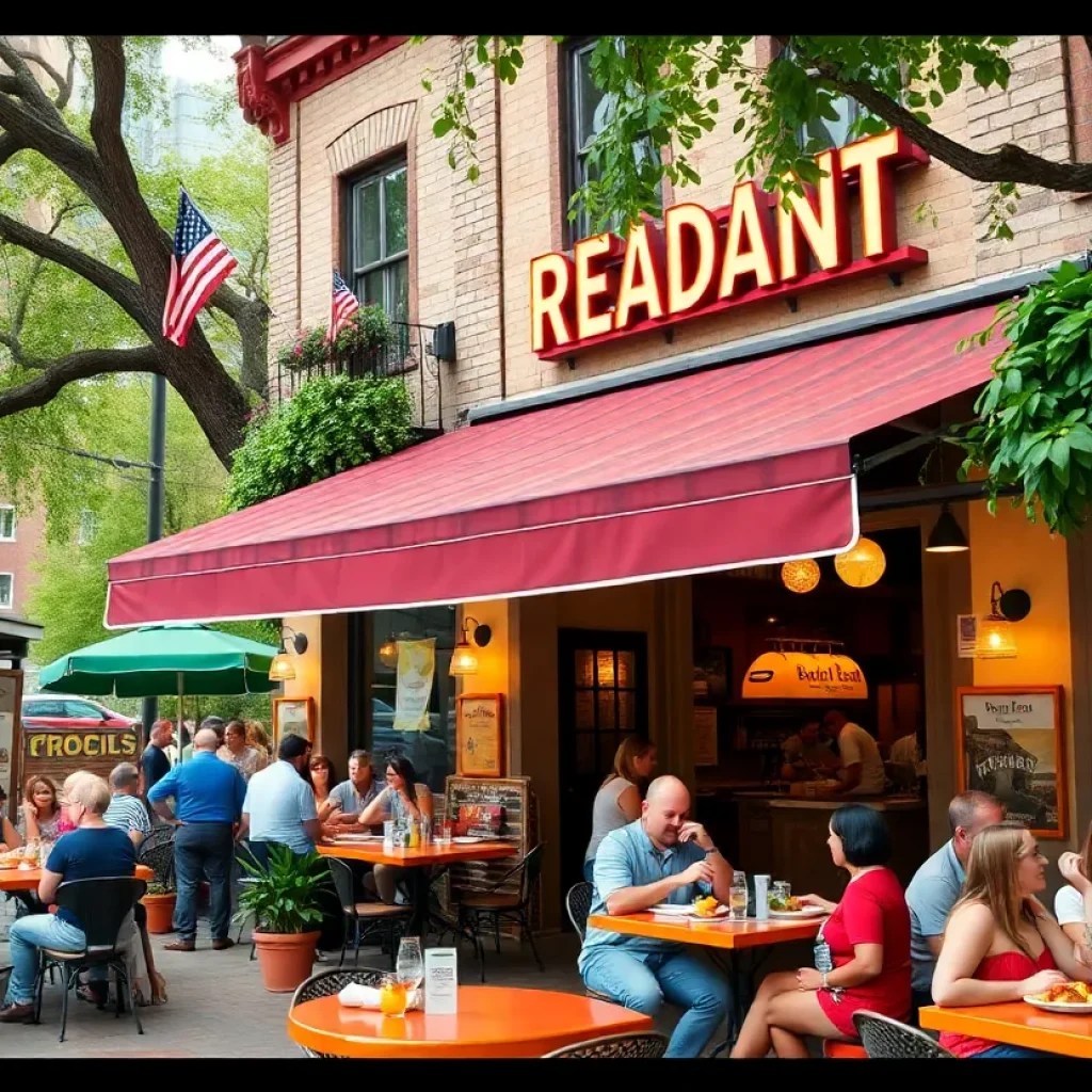 Vibrant outdoor dining scene at the new Alamo Biscuit Co. location on the San Antonio River Walk.