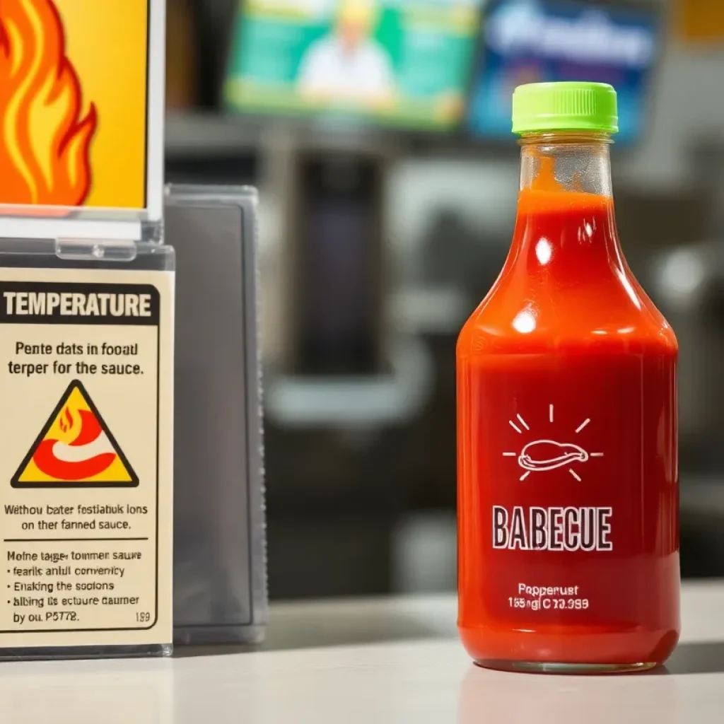 Illustrative barbecue sauce container with safety warning signs