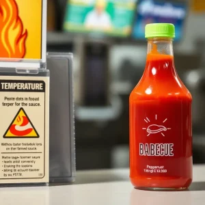 High temperature barbecue sauce with warning label in a restaurant setting